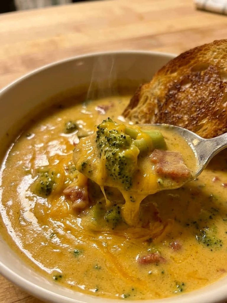 close up of broccoli cheddar soup