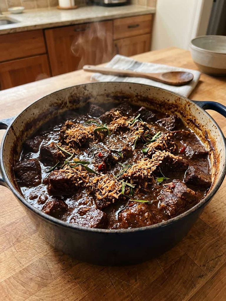 close up of beef rendang