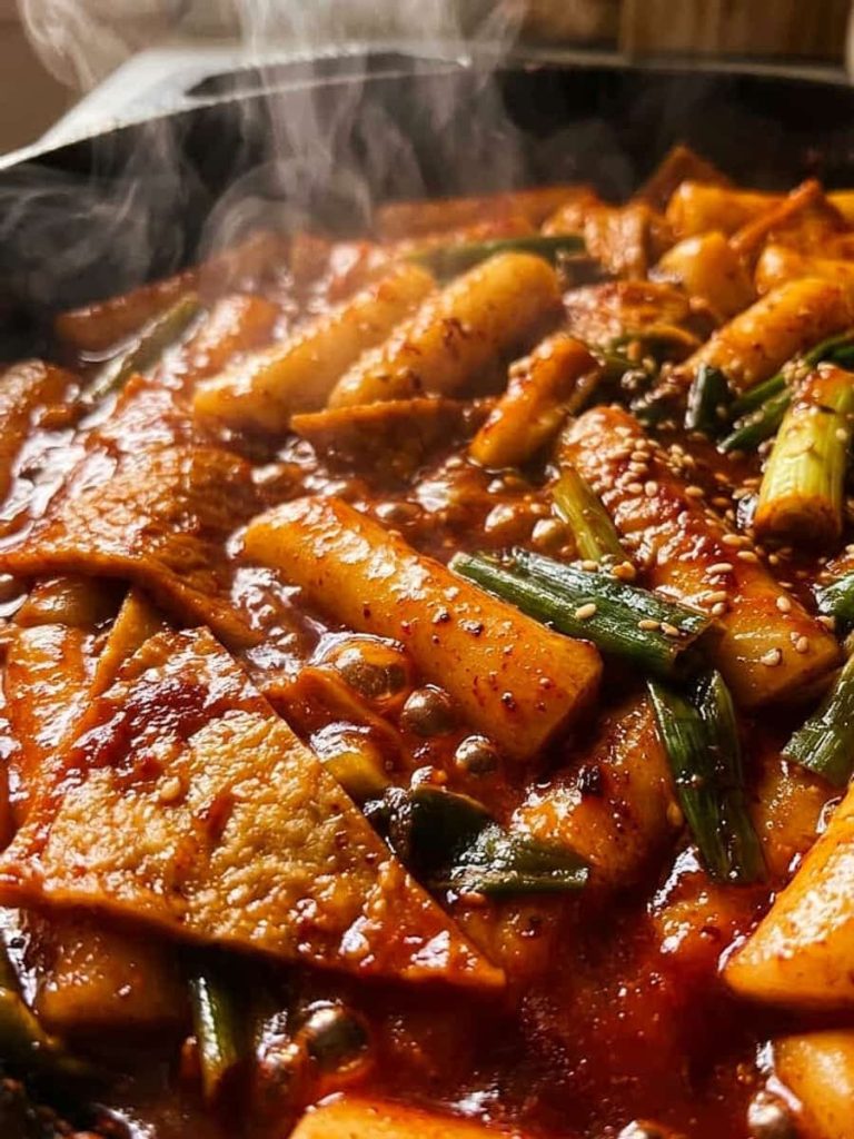 close up of chewy spicy tteokbokki