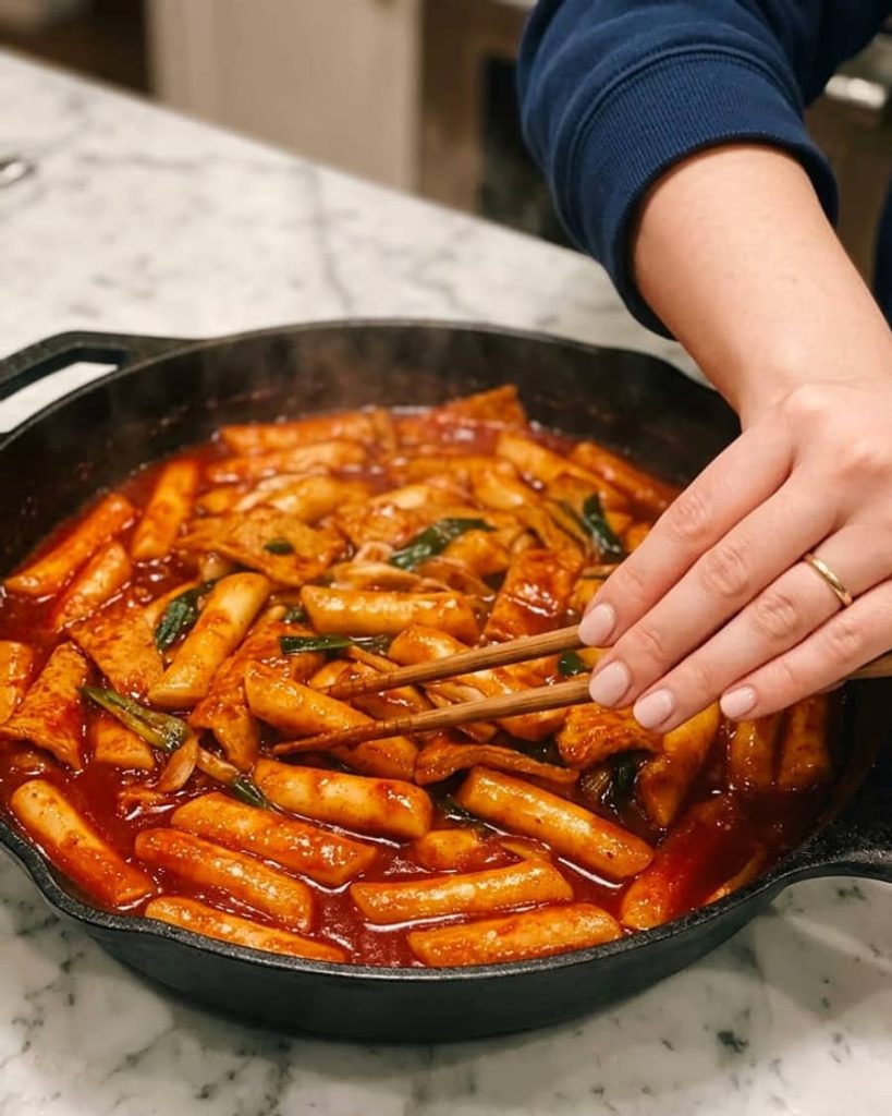 serving chewy spicy tteokbokki