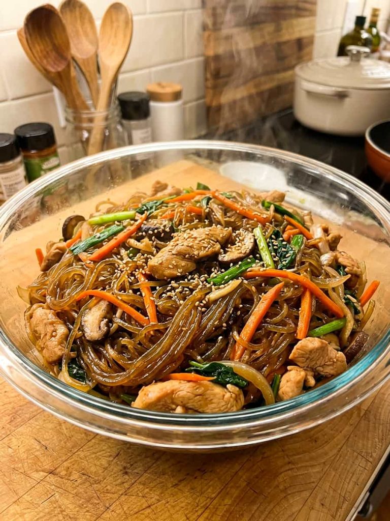 close up of chicken japchae