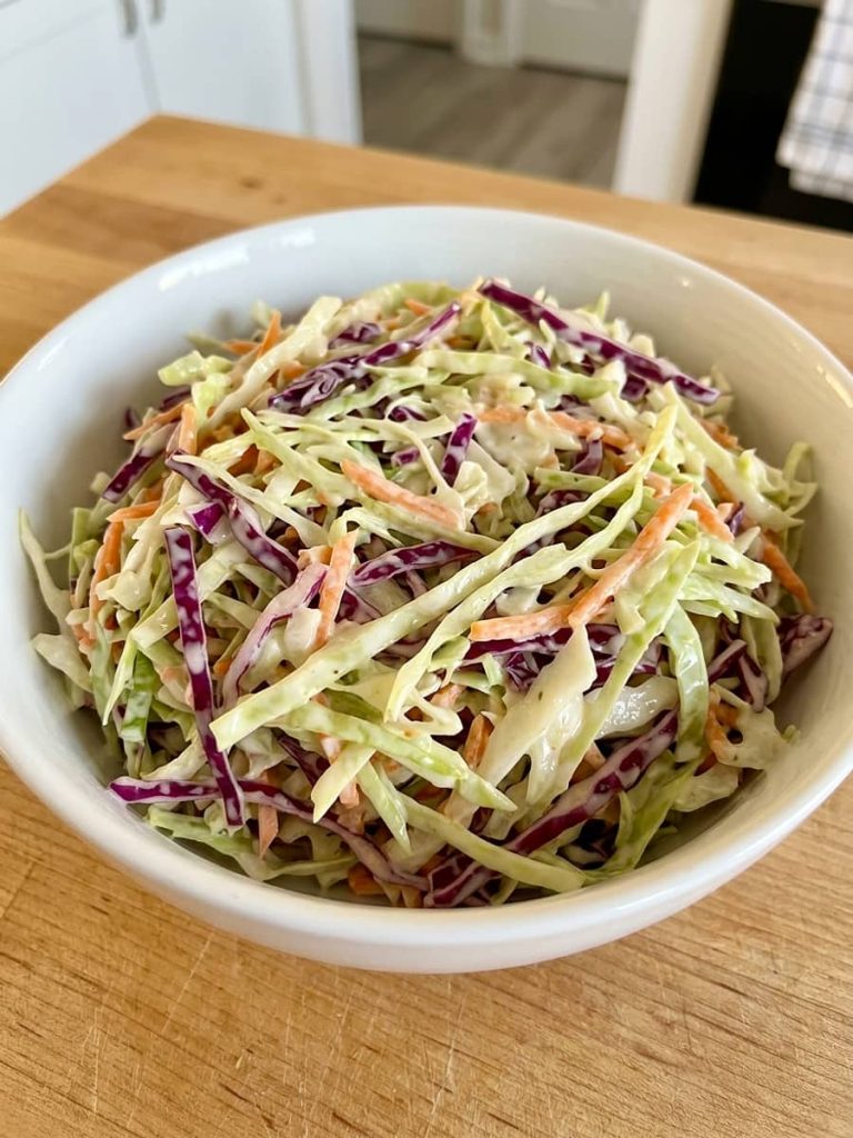 close up of creamy coleslaw