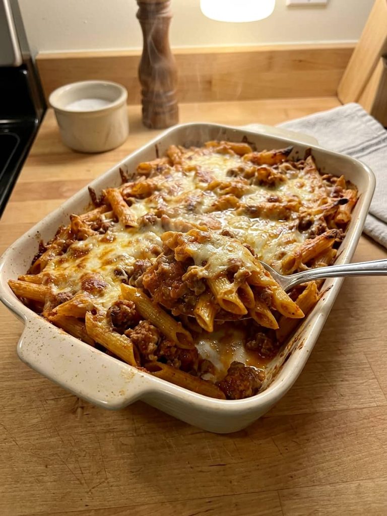 close up of five ingredient pasta bake