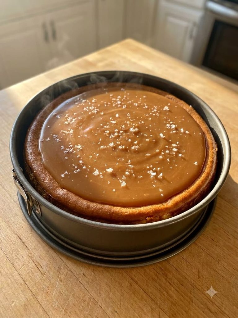 close up of salted caramel cheesecake