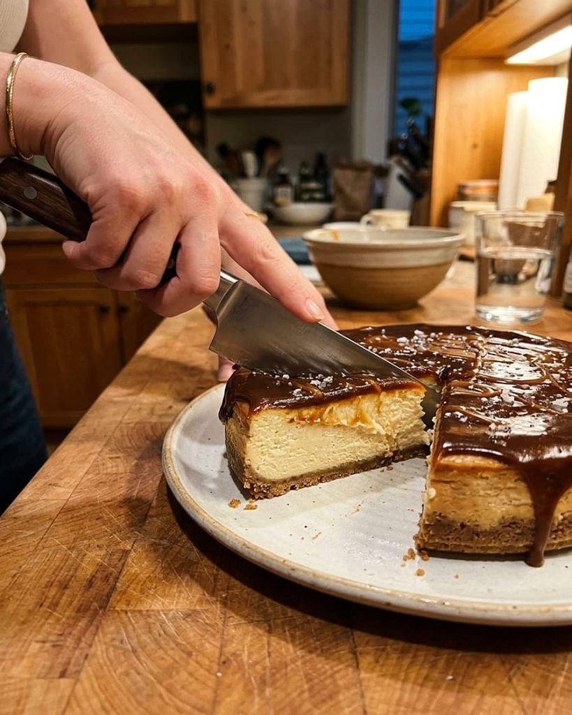 serving salted caramel cheesecake