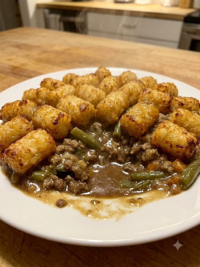 close up of tater tot hotdish