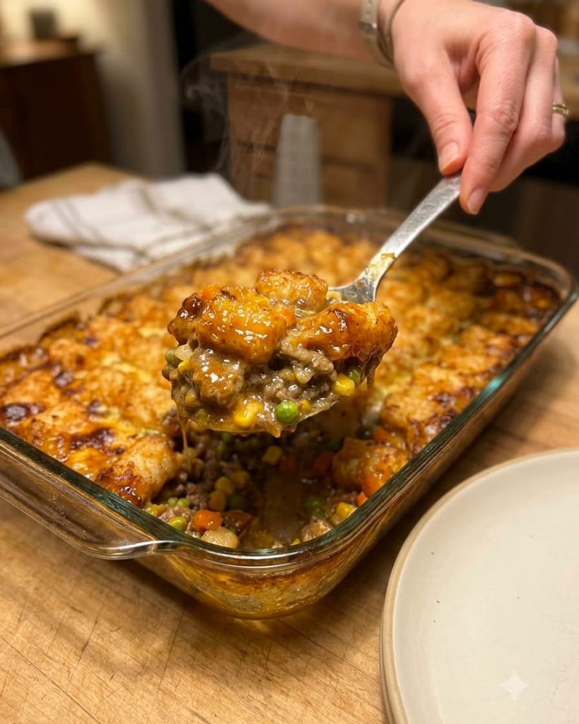 serving tater tot hotdish