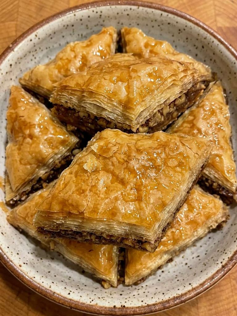 close up of walnut baklava