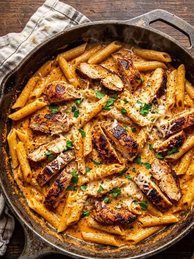 close up of creamy cajun chicken pasta