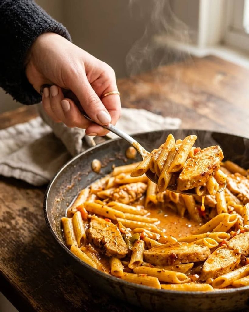 serving creamy cajun chicken pasta