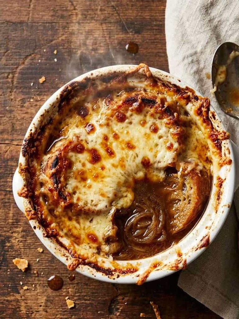 close up of french onion soup