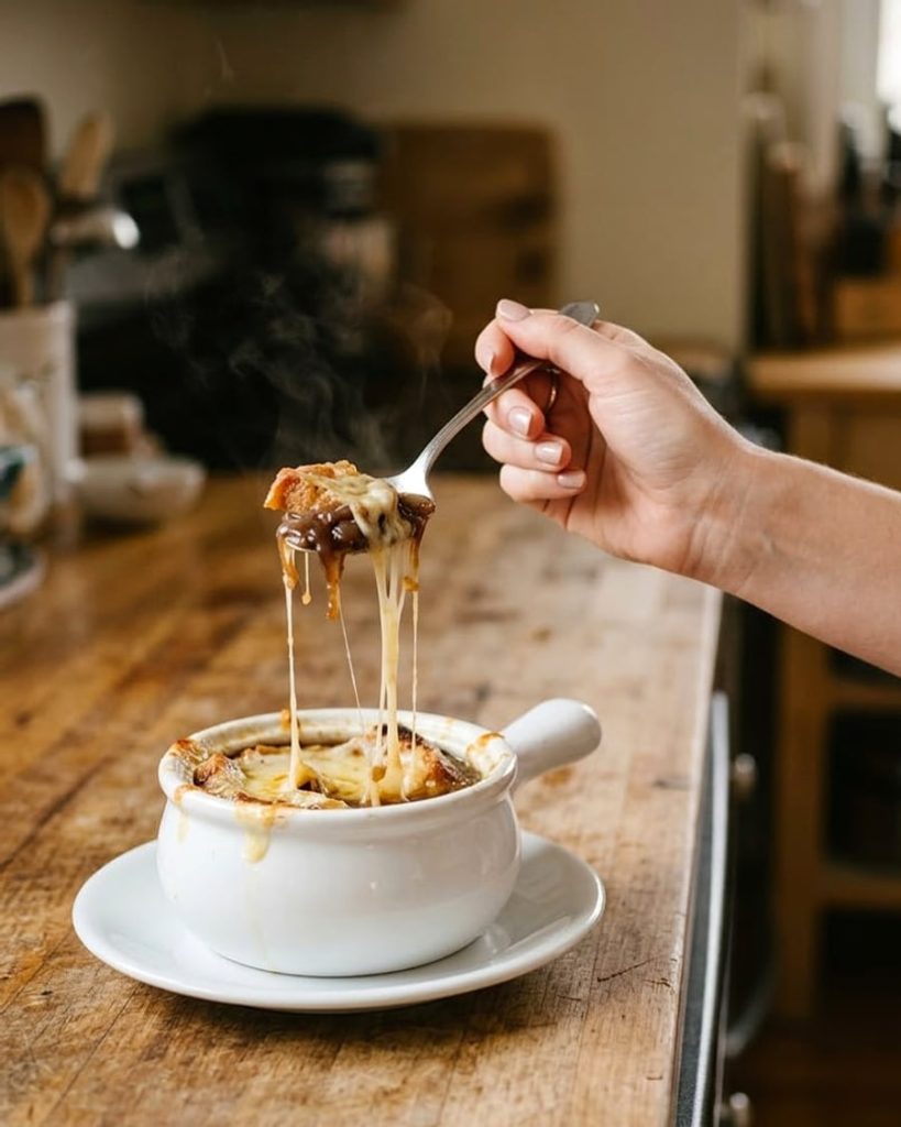 serving french onion soup