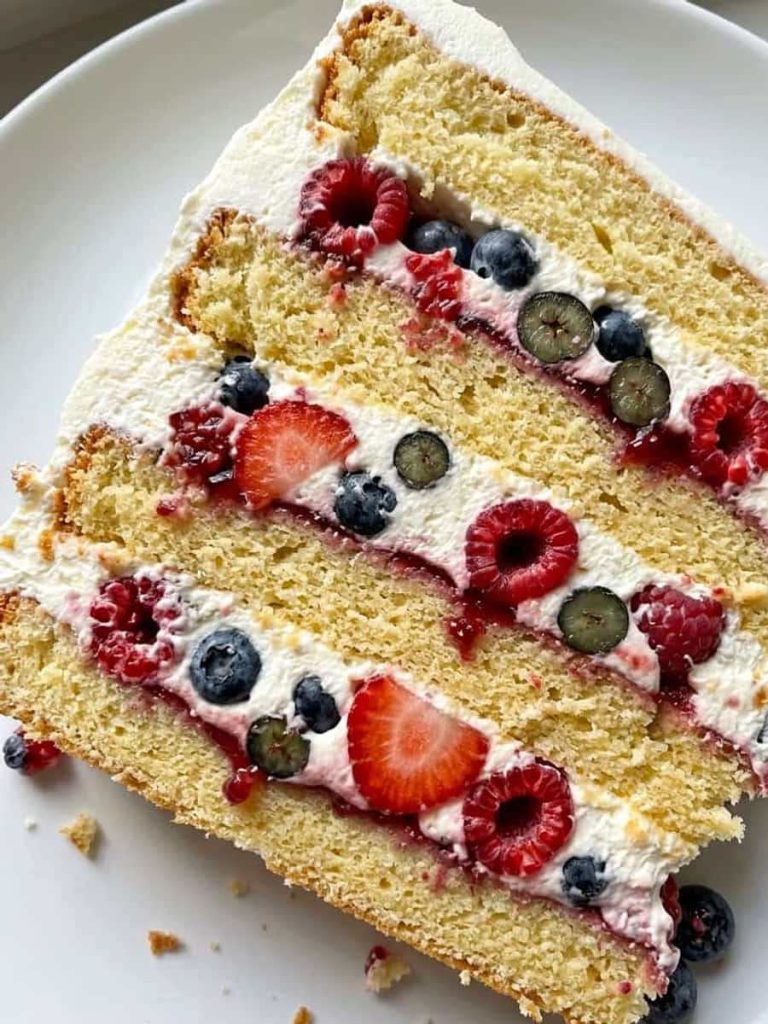 close up of fresh berry chantilly cake