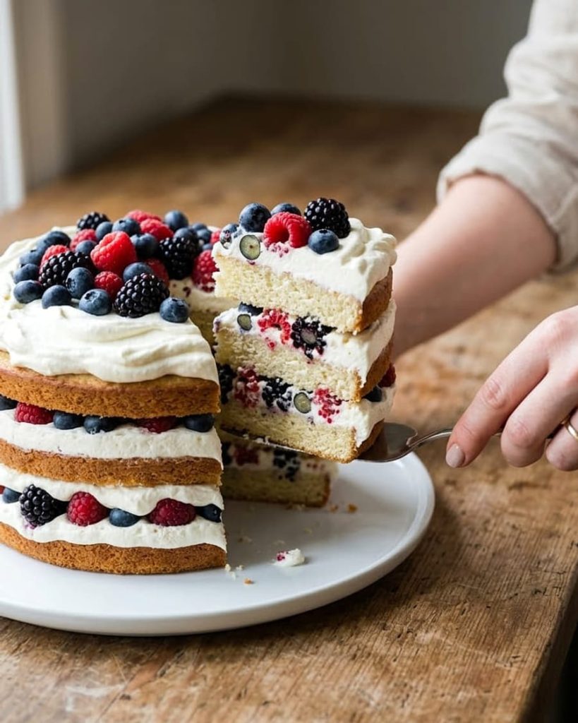 serving fresh berry chantilly cake
