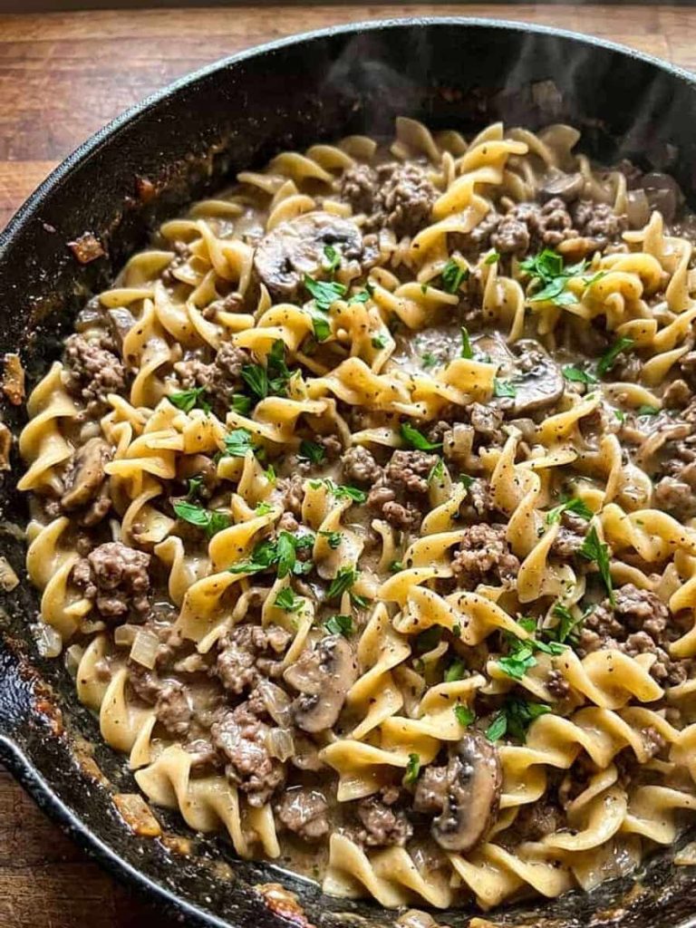 close up of ground beef stroganoff