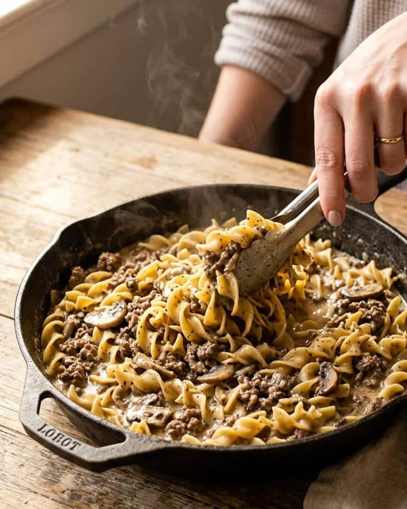 serving ground beef stroganoff