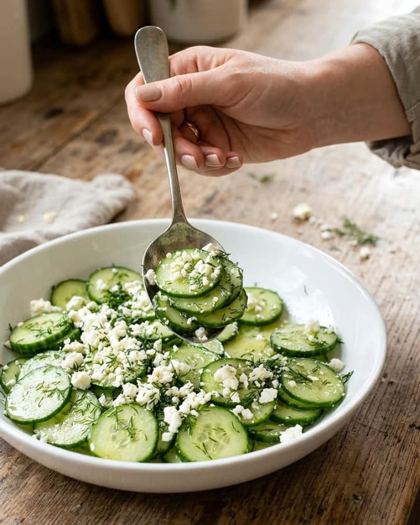 serving mediterranean cucumber salad