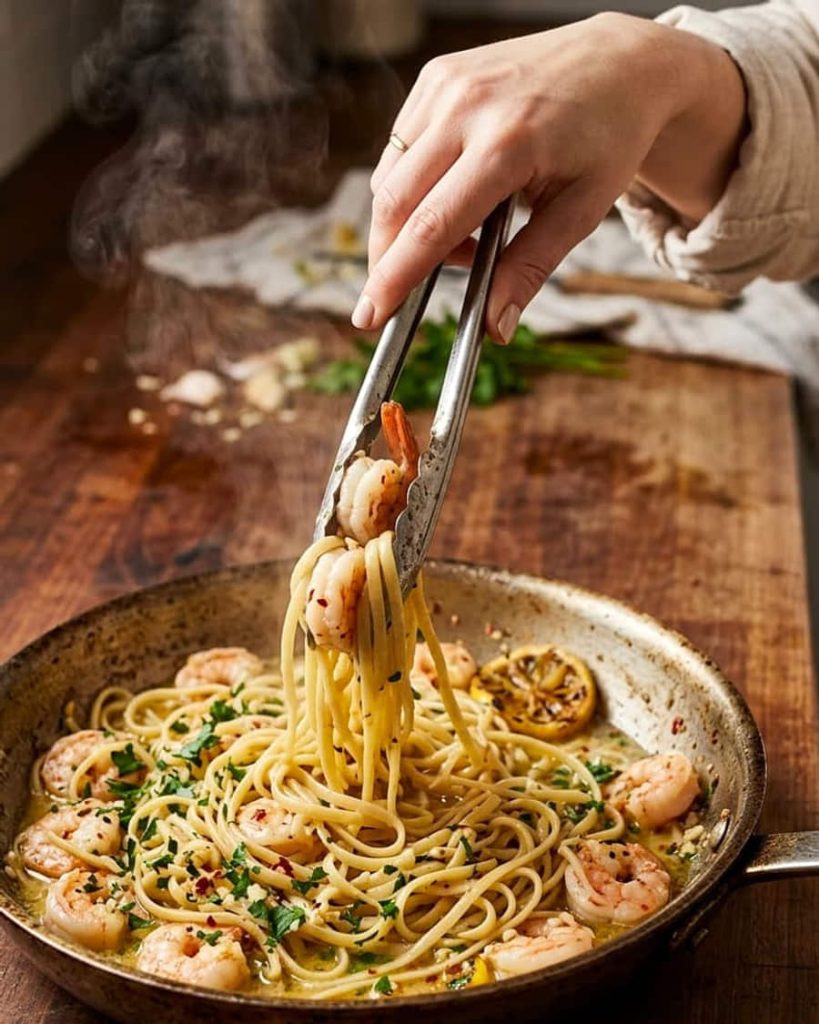 serving shrimp scampi
