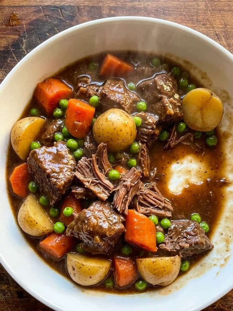 close up of slow cooker beef stew