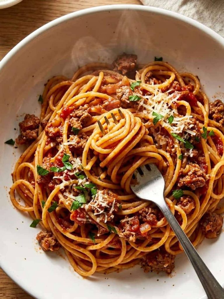 close up of spaghetti with meat sauce