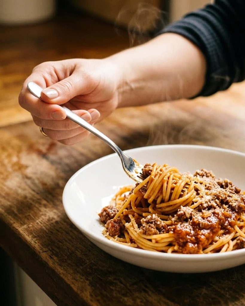 serving spaghetti with meat sauce